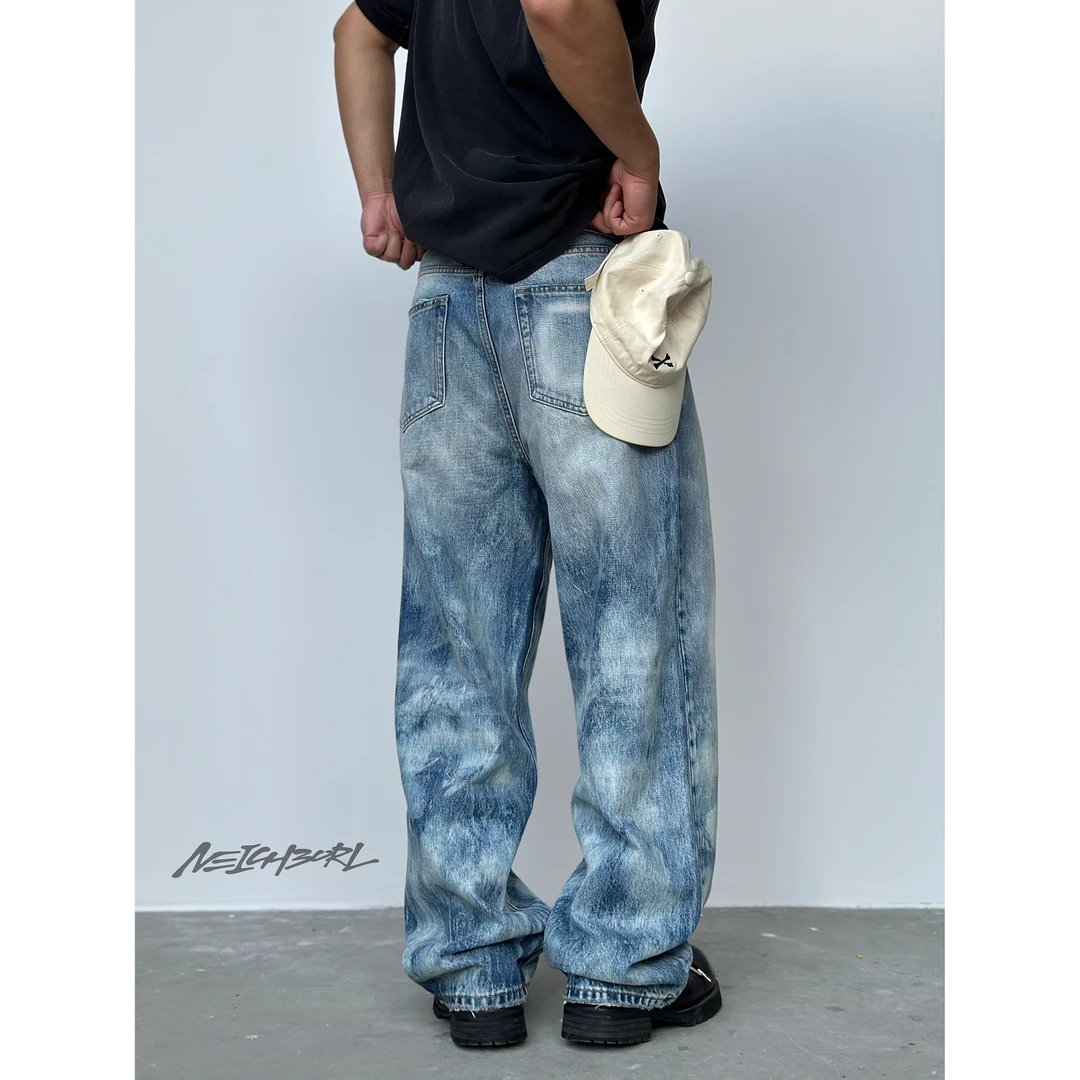 【车头灯】NEIGBORL 钊叔制男重磅复古水洗高街宽松休闲美式牛仔裤