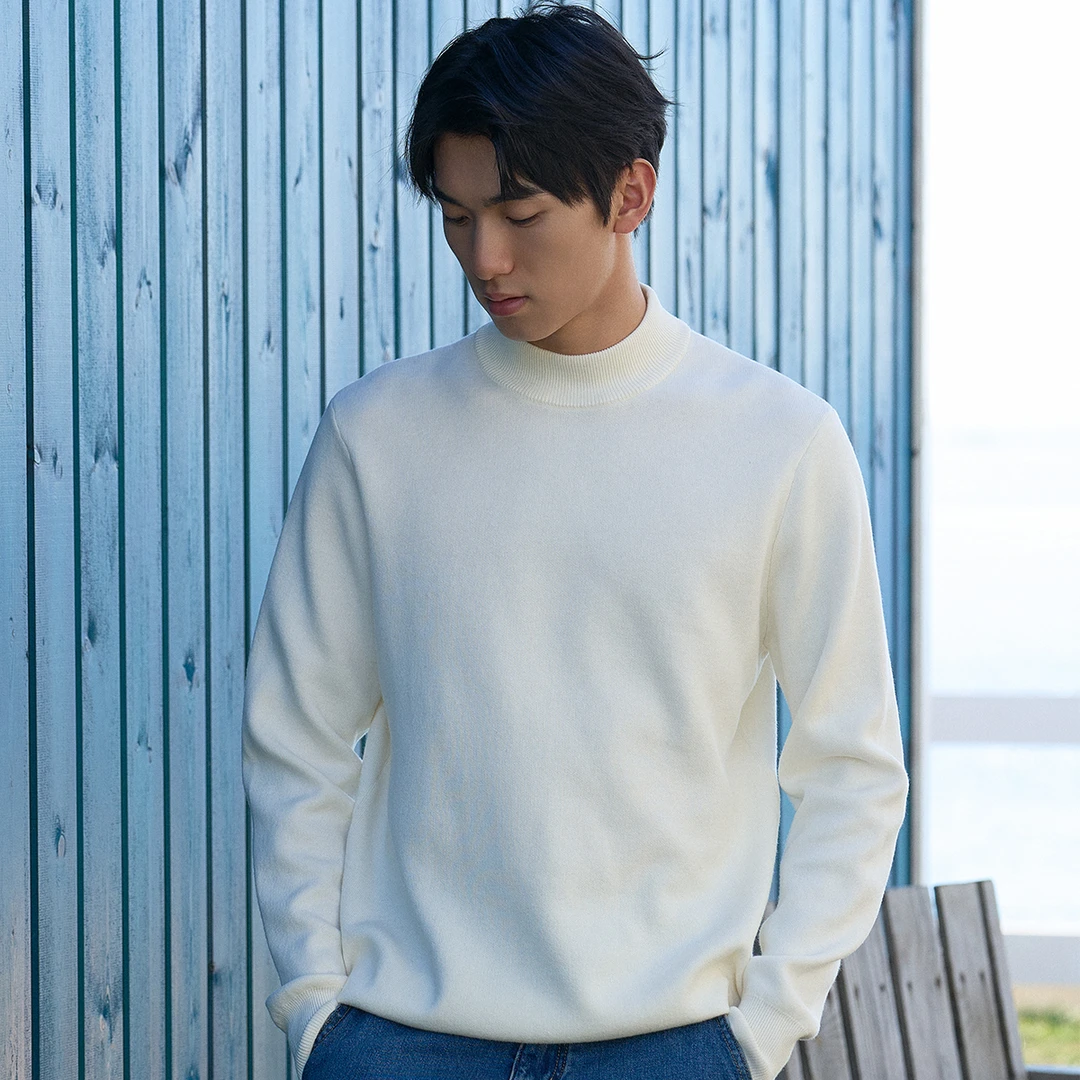 秋冬季半高领毛衣男宽松百搭加绒加厚毛衫男士白色打底中领针织衫