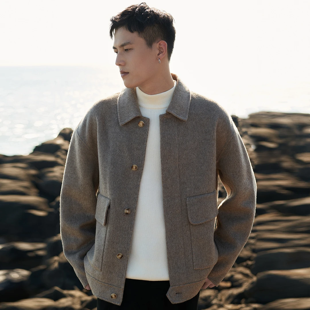 冬季重磅850G全羊毛双面呢翻领工装夹克男加厚呢子短款外套