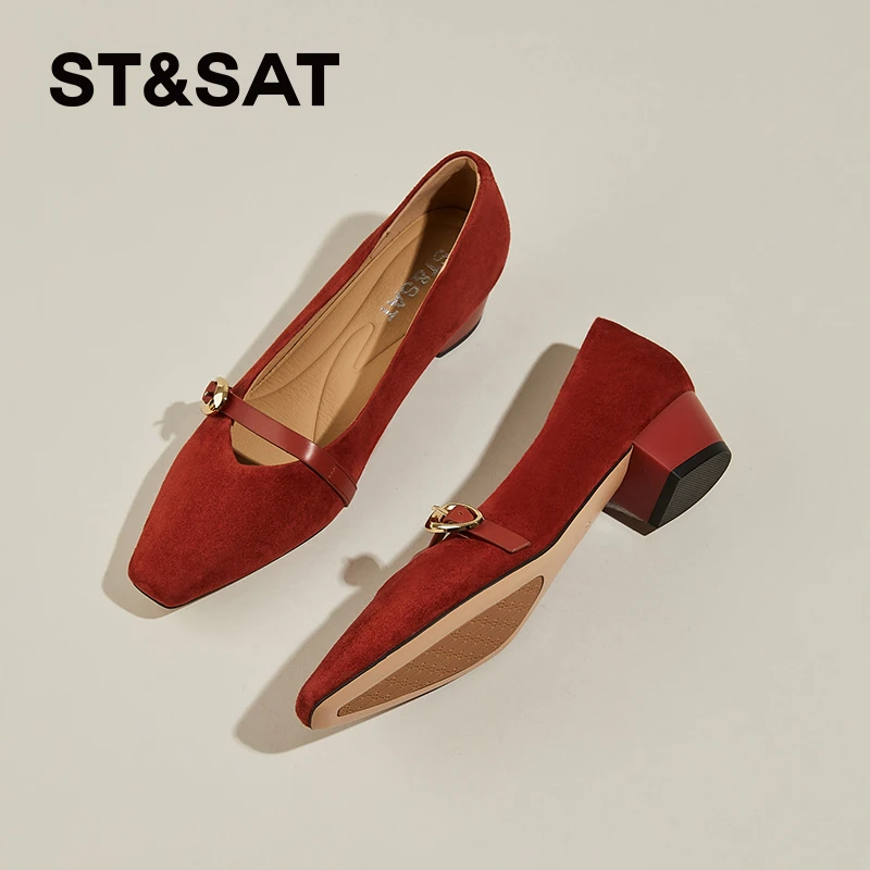 星期六品牌女鞋子红色玫瑰气质优雅婚鞋低跟软底小羊皮舒适玛丽珍
