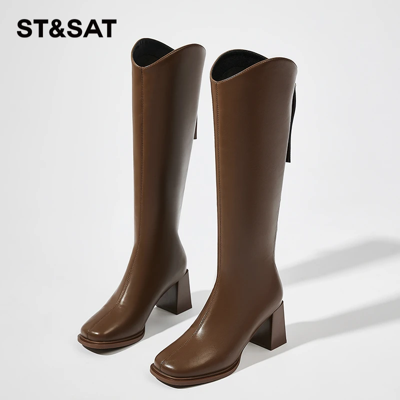 星期六靴子冬季长筒靴棕色厚底高筒靴复古黑色长靴显瘦女靴骑士靴