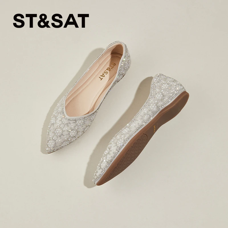 星期六法式气质尖头配裙子平底鞋单鞋女浅口婚鞋水钻瓢鞋时尚女鞋