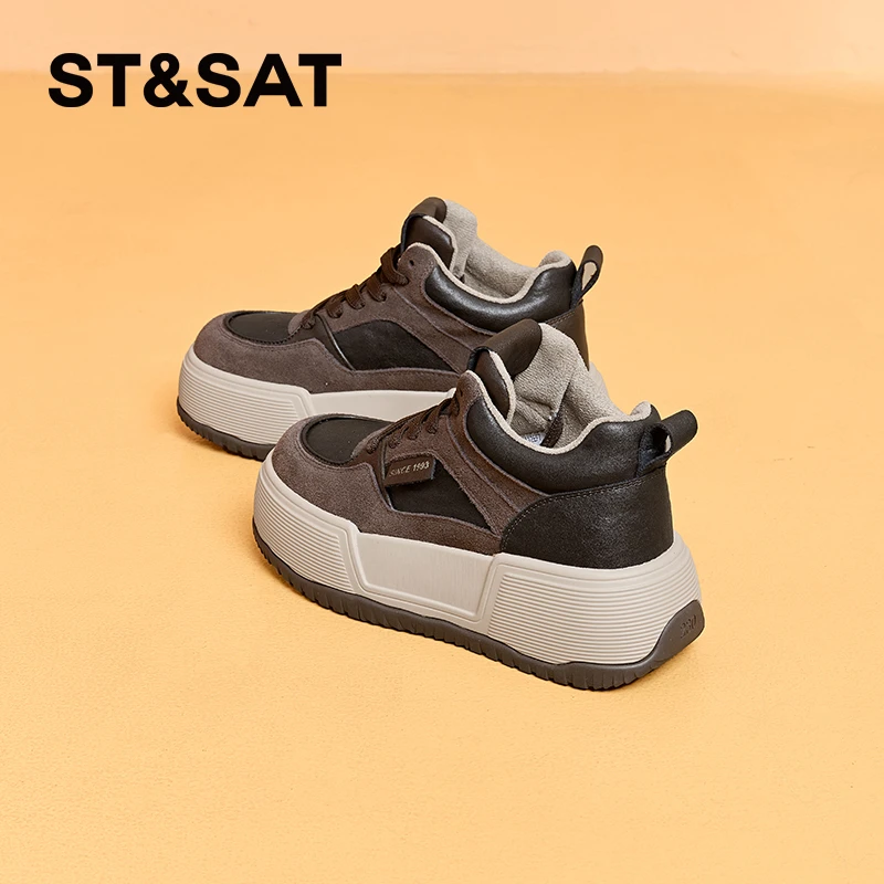 星期六高级感高帮真皮厚底休闲板鞋冬季女鞋百搭爆款轻便德训鞋子