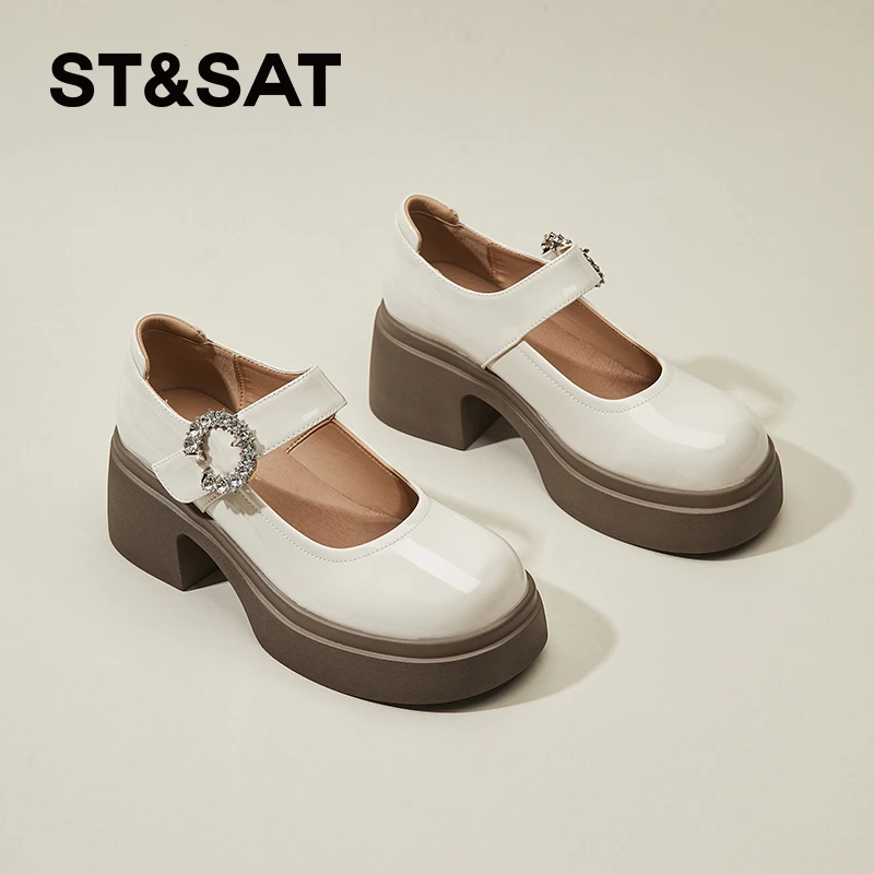 星期六玛丽珍鞋女白色复古一字扣单鞋2025冬季新款单鞋粗跟小皮鞋
