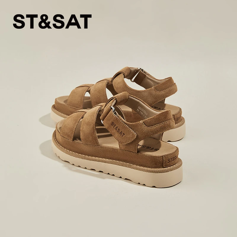 星期六女鞋2025夏季新款凉鞋女厚底轻便猪笼凉鞋真皮编织增高凉拖