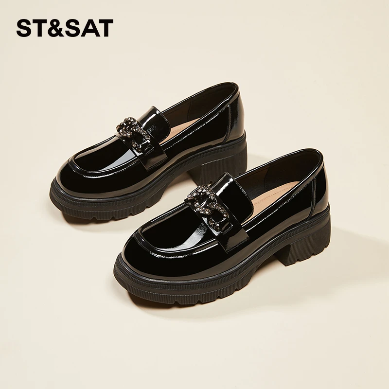 星期六黑色真皮厚底乐福鞋冬季水钻粗跟漆皮英伦风百搭高跟小皮鞋