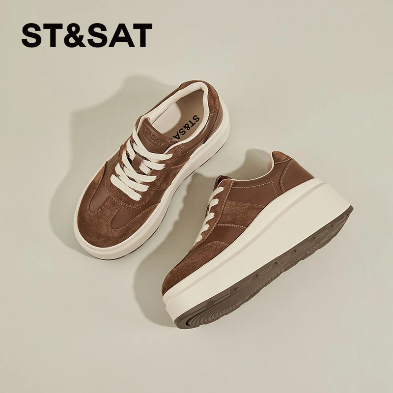 星期六雅丹风9cm内增高德训鞋2025冬季通勤风轻便舒适棕色厚底鞋