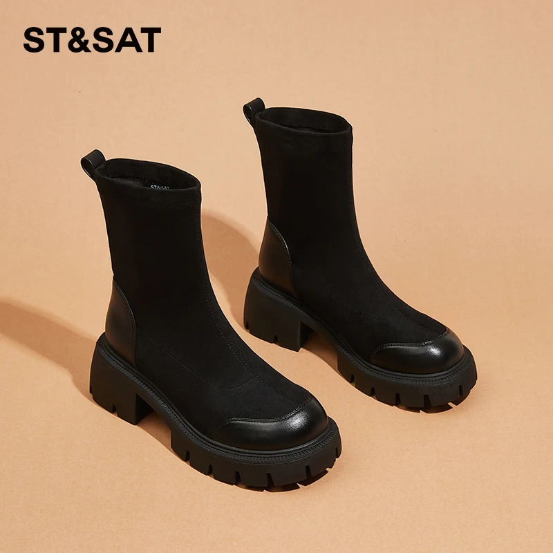 星期六高跟洋气短靴女气质单靴冬季增高厚底弹力瘦瘦靴粗跟马丁靴