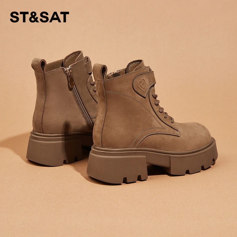 星期六马丁靴女2025秋季新款真皮5孔时尚卡其色厚底百搭机车靴子.