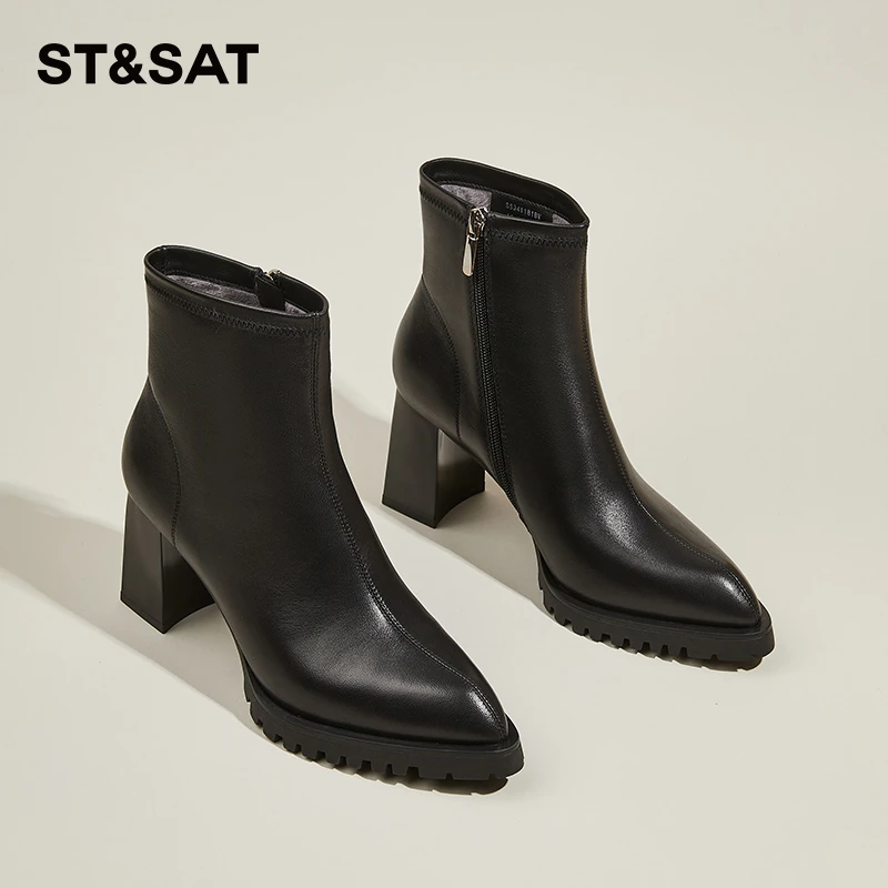 星期六加绒英伦马丁靴女冬季真皮短靴尖头粗跟高跟鞋小个子瘦瘦靴