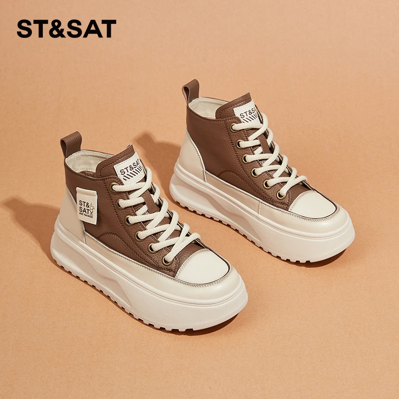 星期六高帮鞋女款2025新款冬季加绒百搭休闲小个子厚底松糕鞋短靴