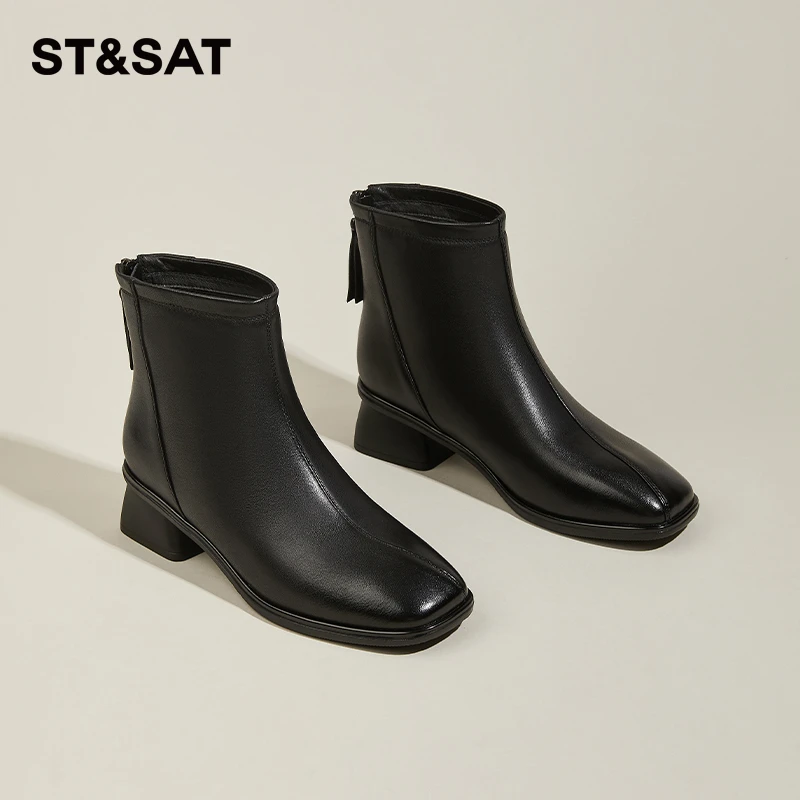 星期六真皮马丁靴女款秋冬季加绒2025新款软皮皮鞋棕色高跟鞋短靴