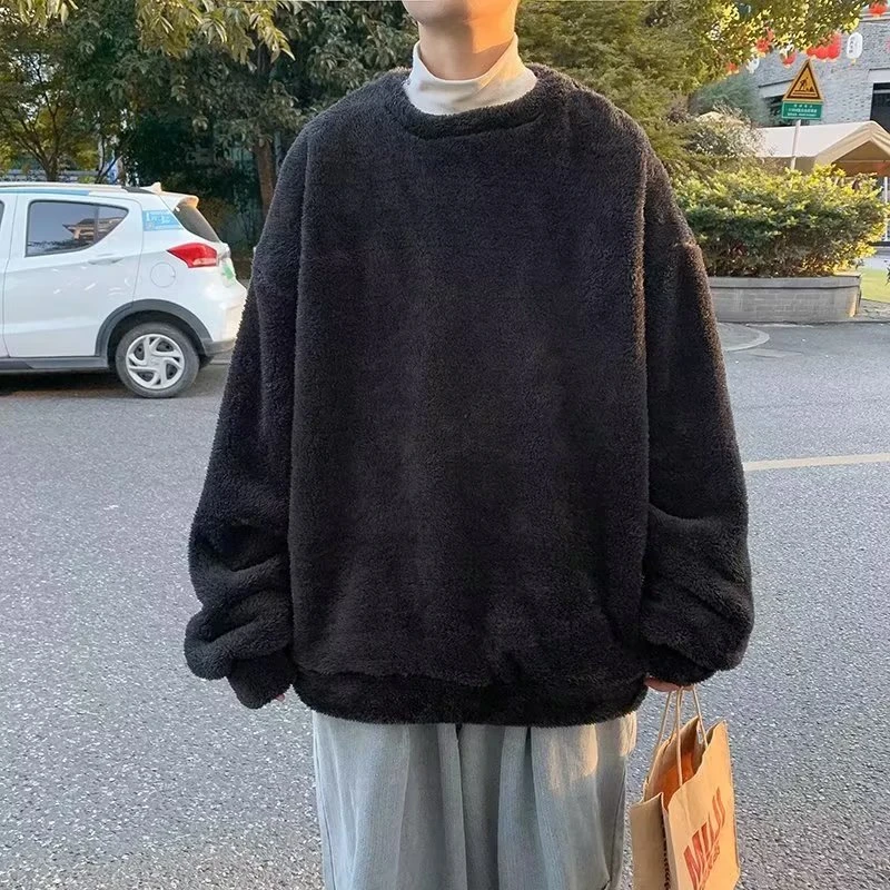 毛绒保暖衫男秋冬季慵懒风宽松圆领双面绒休闲潮流羊羔毛套头毛衣