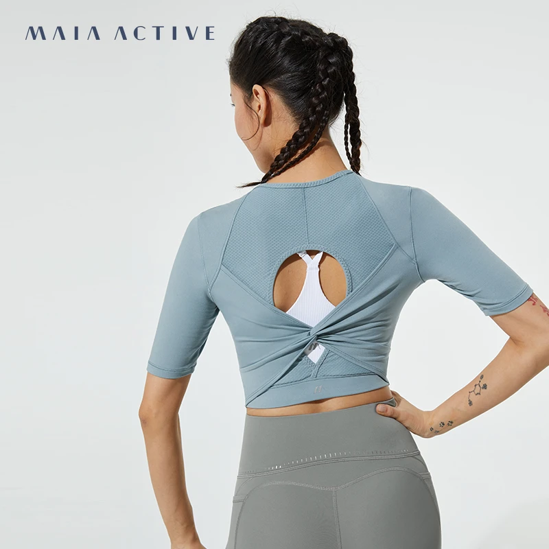 MAIAACTIVE 透气紧身露背短款健身短袖运动上衣瑜伽T恤 222TS016