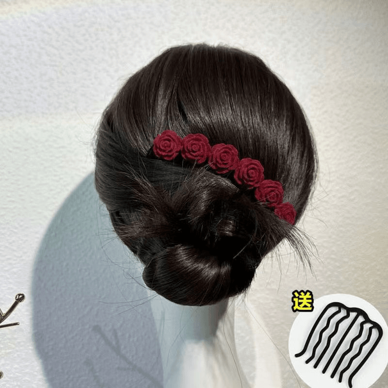 酒红色玫瑰花发梳新娘盘发红色插梳气质时尚U型发簪复古花朵发饰