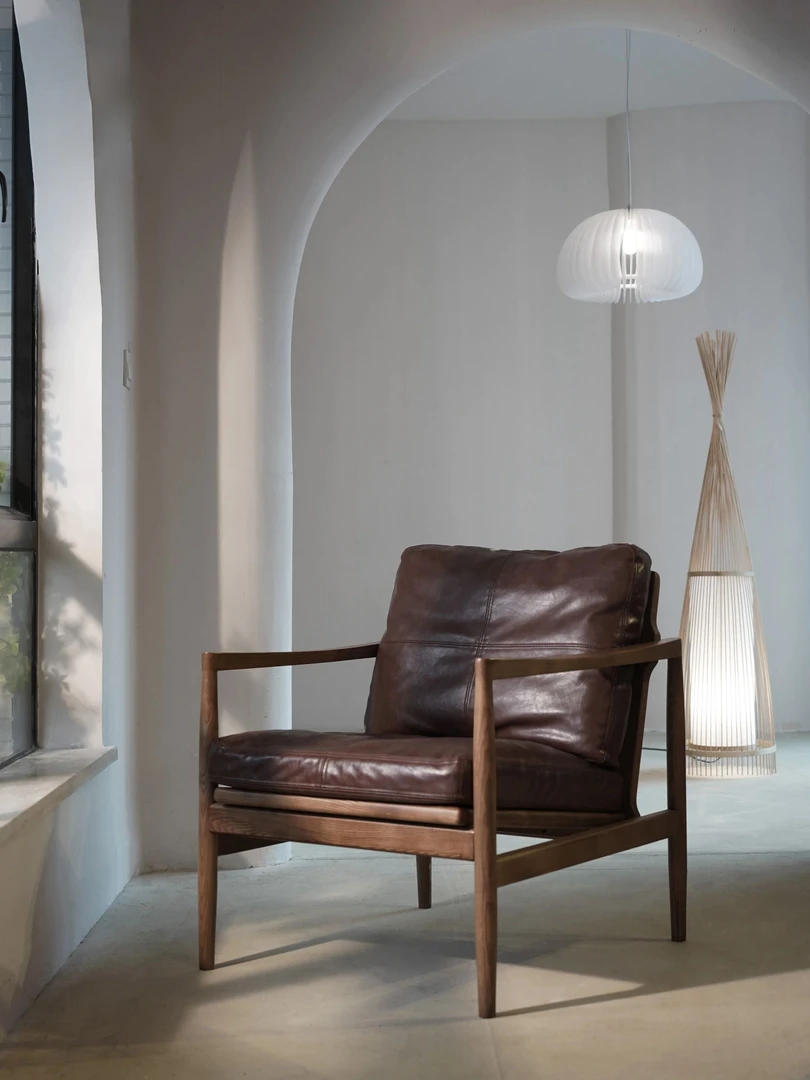 「月辉椅」北欧单人沙发椅汉斯汉克椅茶室真皮复古书房客厅椅子