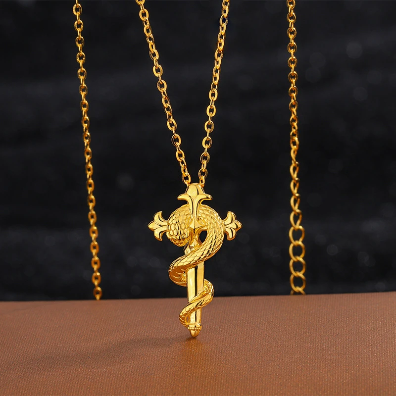 坠链均足银 ins手工轻奢金色灵蛇权杖项链女蛇年吊坠锁骨链十字架