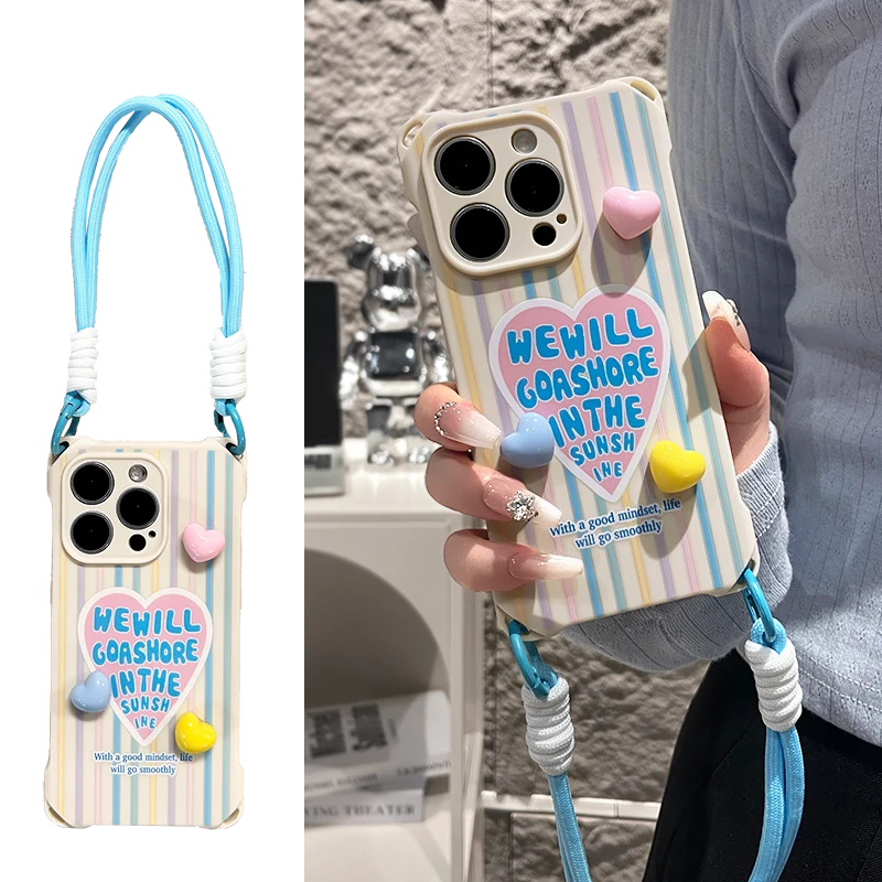 彩色线条爱心适用苹果15promax手机壳四角挂绳iPhone13/14