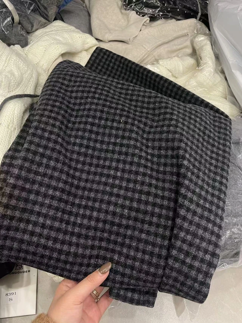 松弛慵懒感厚款韩版加绒高腰磨毛格子休闲裤