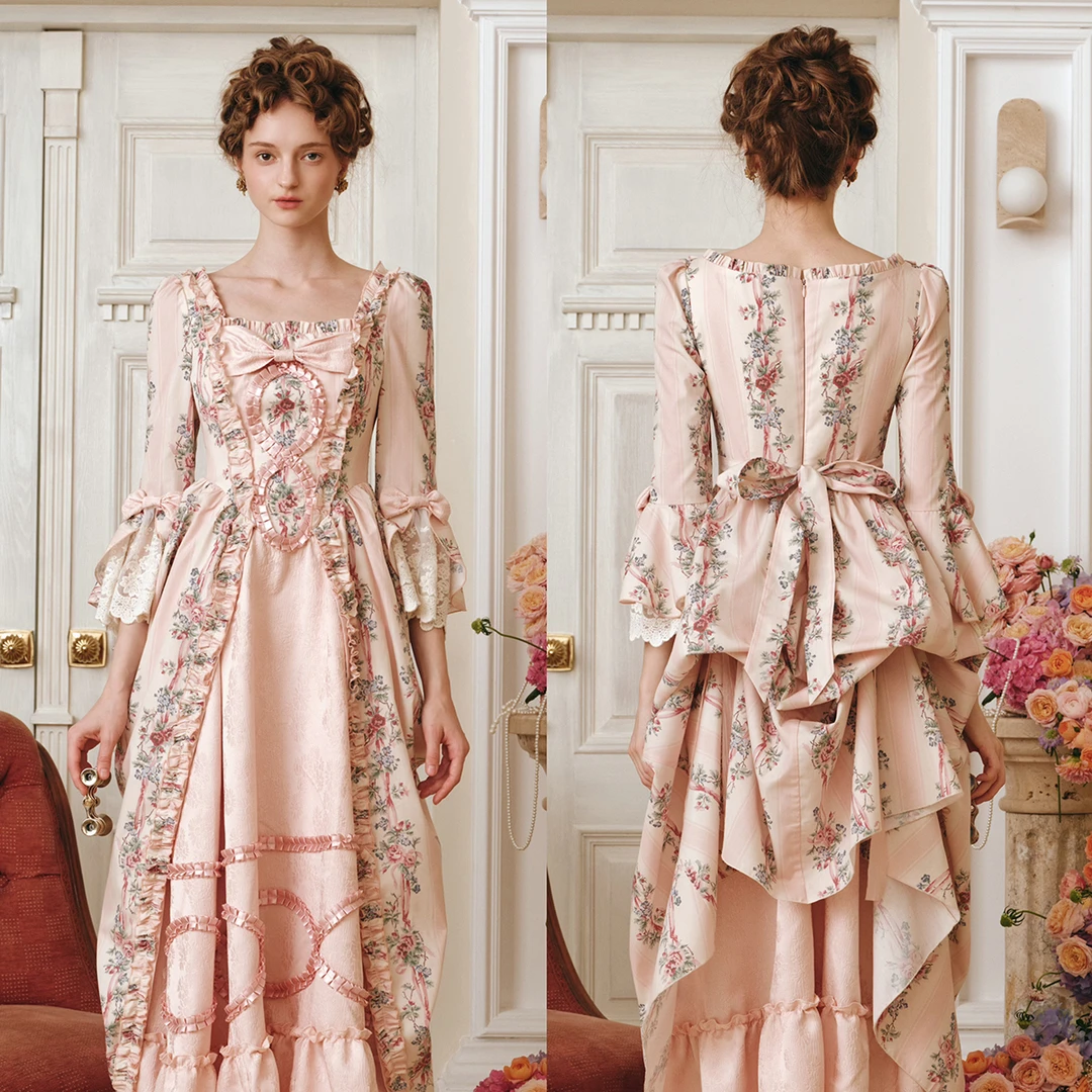 LaceMade 花墙夫人 法式宫廷洛可可重工粉色鱼骨连衣裙话剧演出服