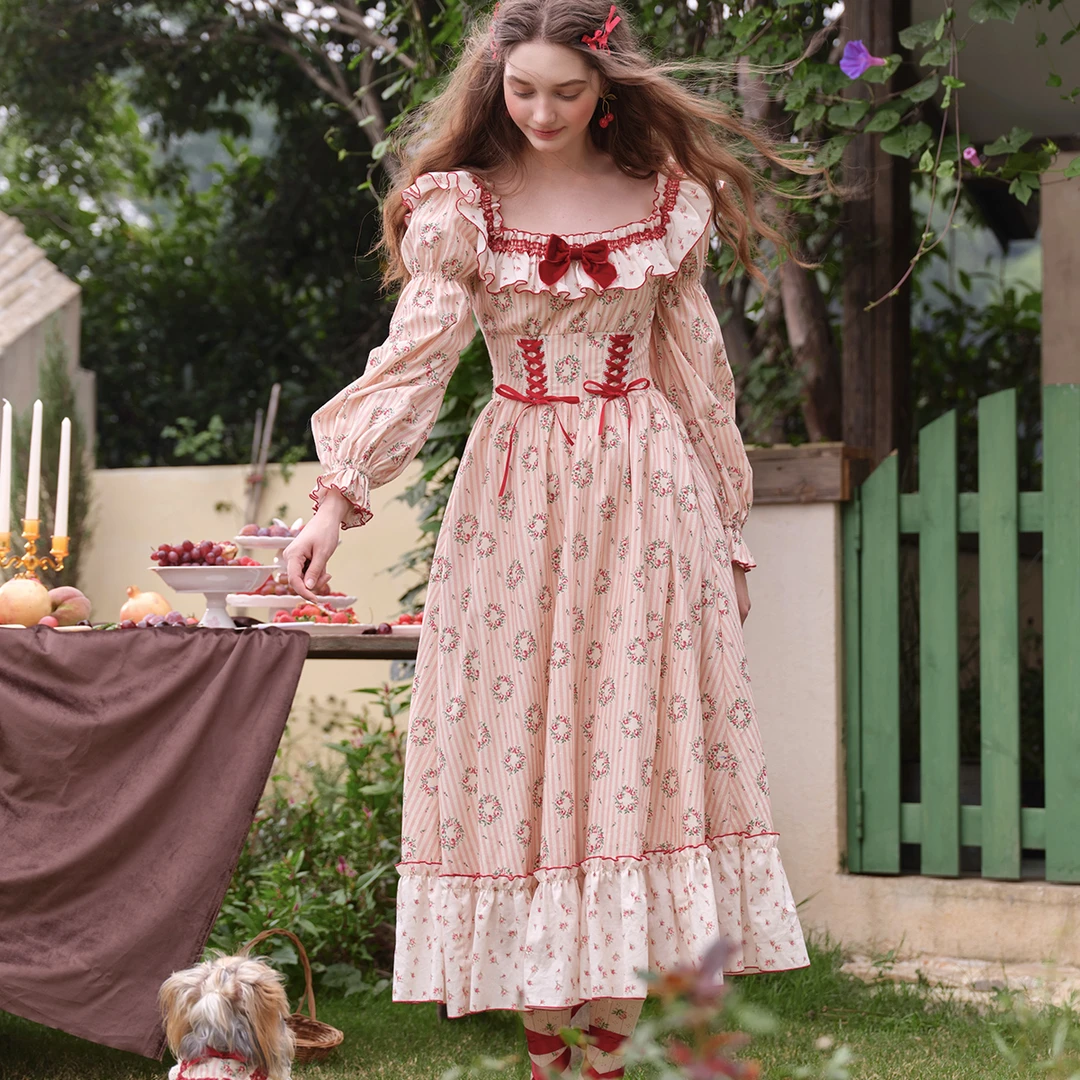 LaceMade 红苹果花环 法式田园重工红色碎花鱼骨连衣裙长袖秋季