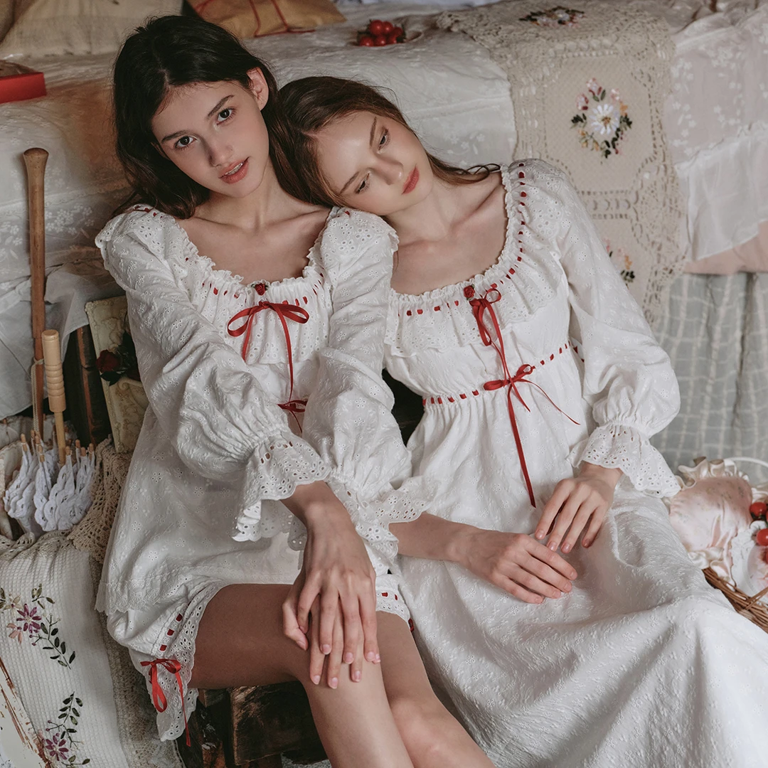 LaceMade 莓莓卧室 法式甜美宫廷棉白色长袖睡衣睡裙居家服可外穿