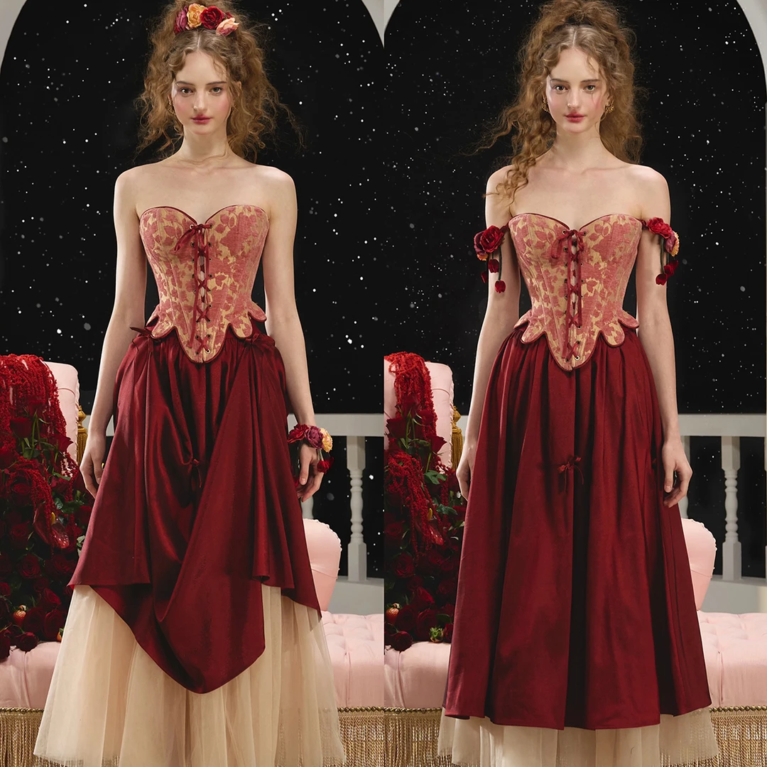 LaceMade 文艺复兴 法式复古红色鱼骨胸衣半裙敬酒服订婚新年战袍
