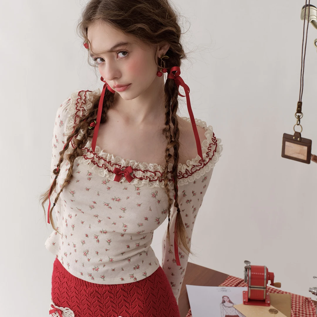 LaceMade 莓莓布艺屋 法式少女碎花针织秋冬长袖内搭打底衫修身女