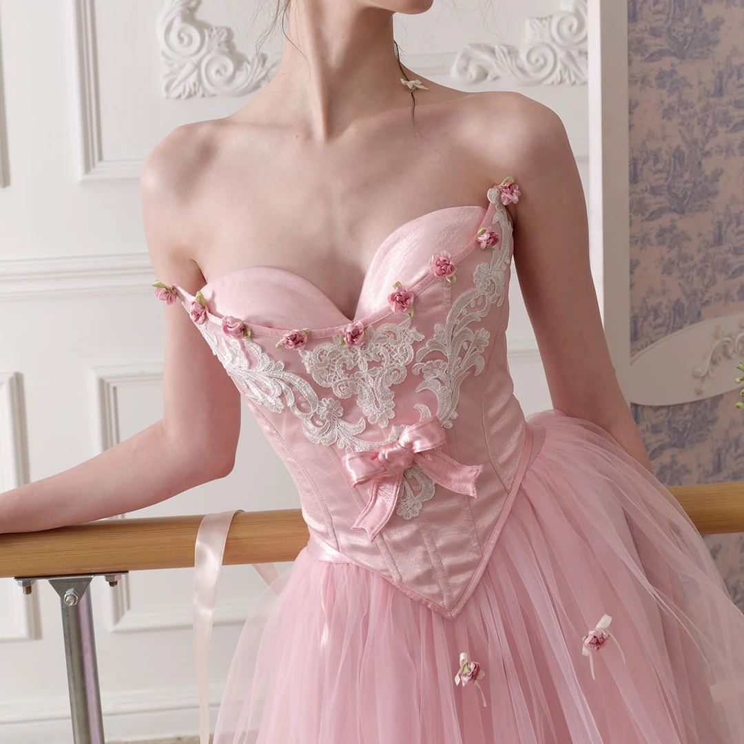 LaceMade 芭比珍妮花 法式甜美芭蕾风粉色鱼骨胸衣网纱半裙套装秋