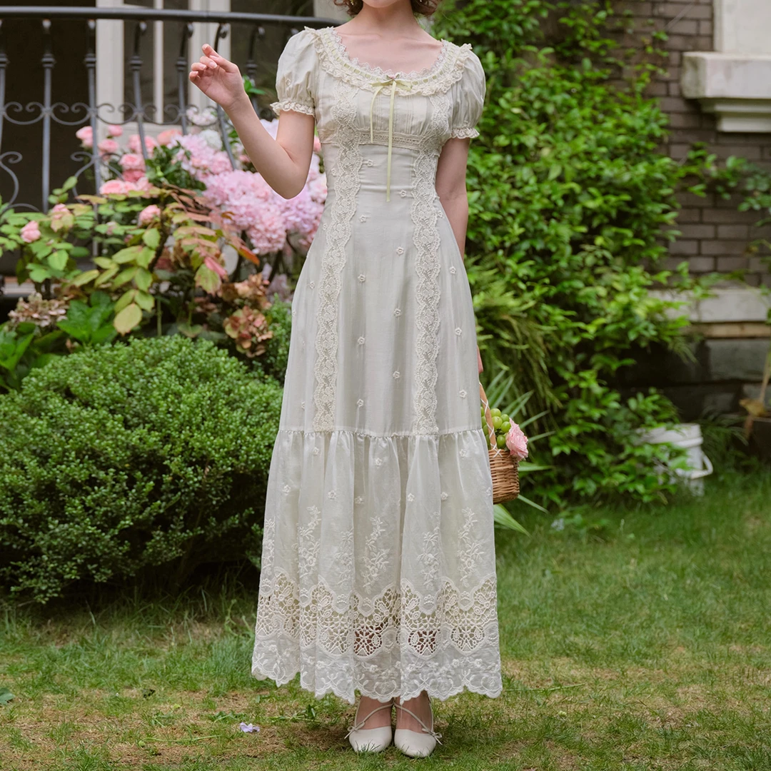LaceMade 青提子 法式复古宫廷重工蕾丝刺绣绿色连衣裙夏日通勤女