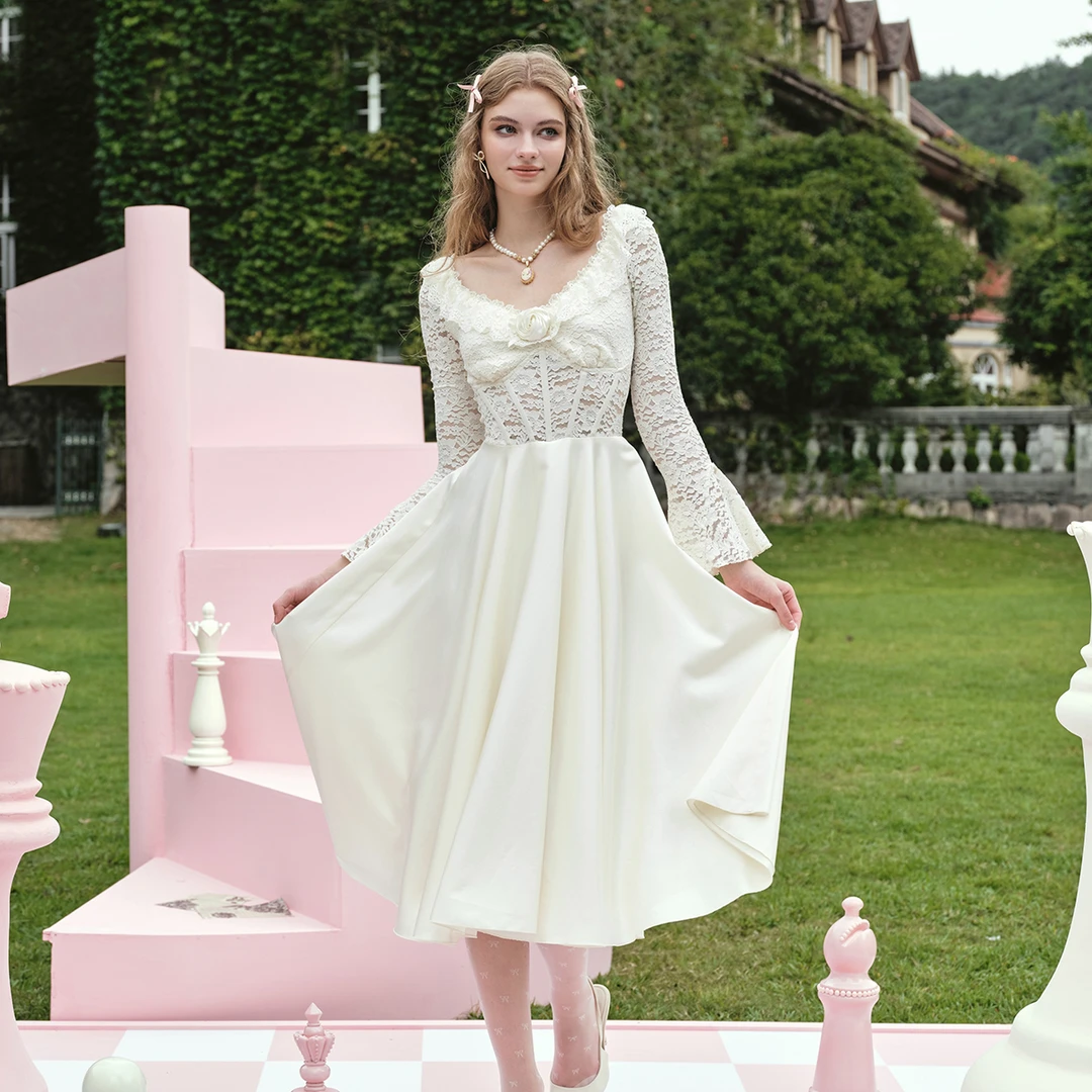 LaceMade 白月舞曲 法式甜美蕾丝长袖打底裙鱼骨连衣裙2024年秋季