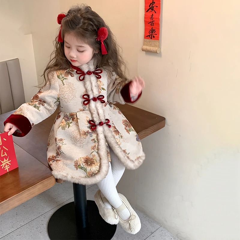 女童新年服旗袍裙子洋气冬装唐装女宝宝国风夹棉连衣裙小女孩喜庆