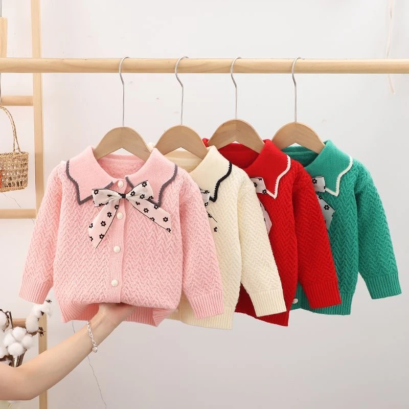 女童毛衣2023秋季新针织开衫蝴蝶结女宝宝洋气长袖针织外穿毛衣潮