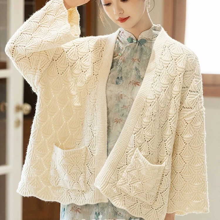 米白色针织开衫旗袍披肩外搭女高级感慵懒风早秋日常旗袍外套 ZXX