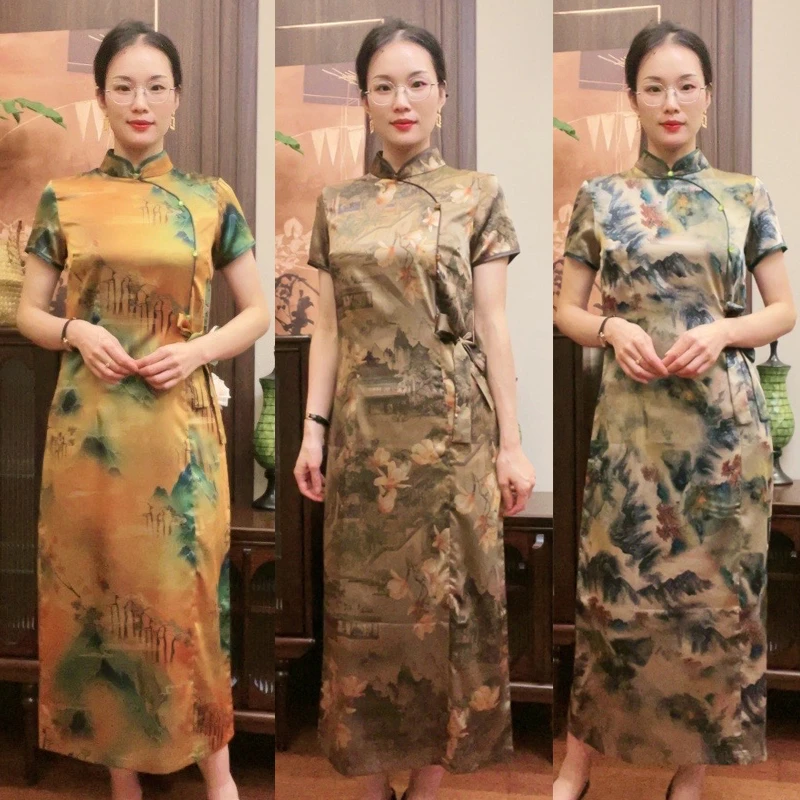 夏季改良旗袍连衣裙中国风优雅气质显瘦修身中老年长款旗袍裙 JZG