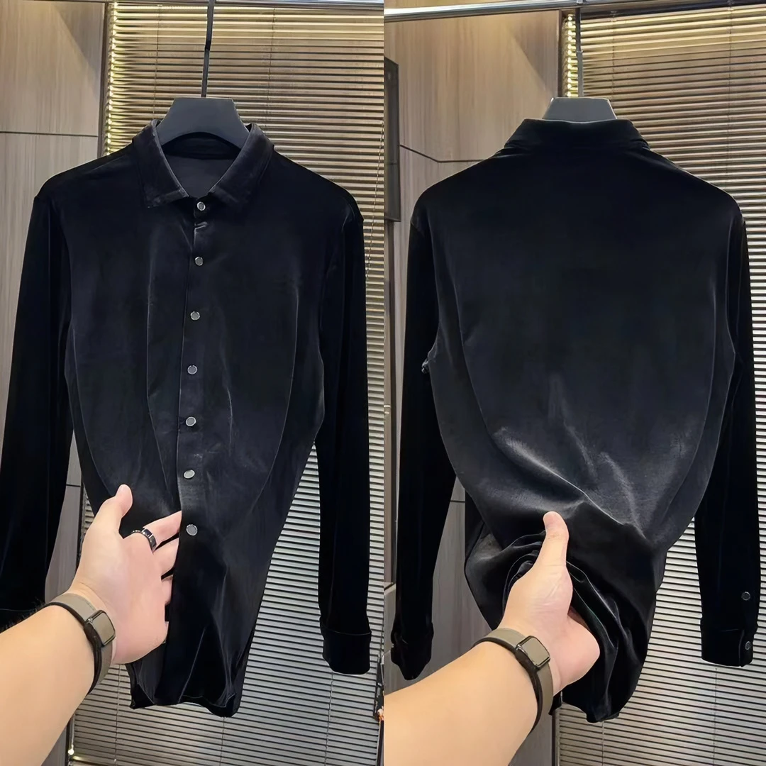 男士新款丝绒衬衣打底系扣舒适翻领纯色高级商务修身长袖上衣男