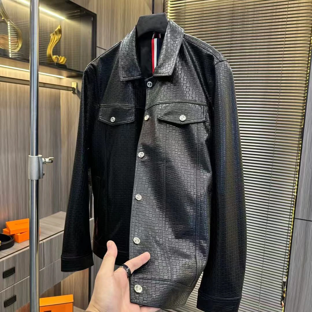 男士修身翻领行政夹克潮流百搭简约黑色水洗PU外套网红同款设计师