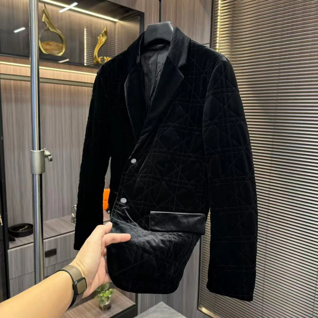 秋冬加棉加厚商务百搭男士西服修身保暖菱形格设计潮流西装外套