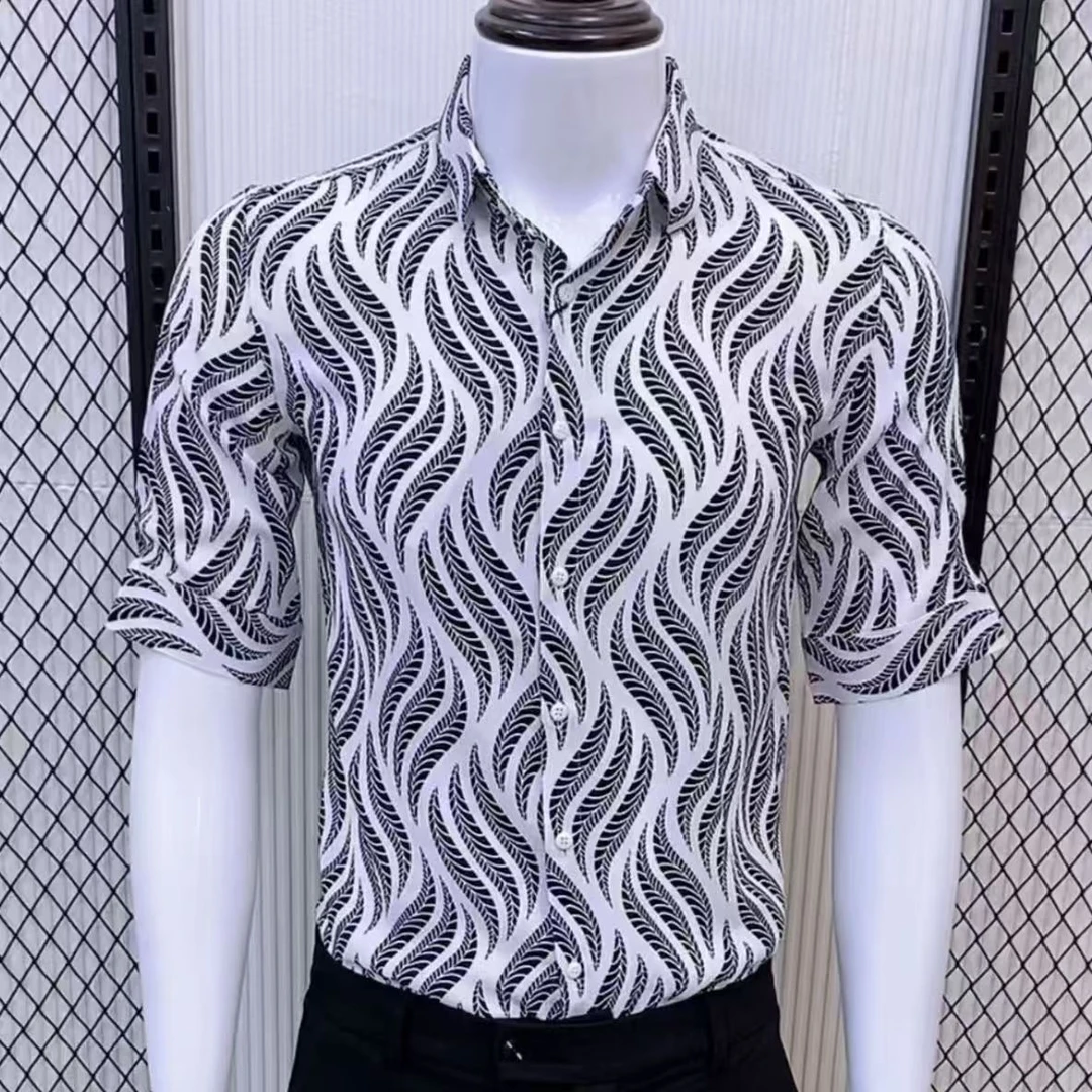 夏季气质免烫条纹中袖衬衫男修身高级感轻奢高端商务男士时尚衬衣