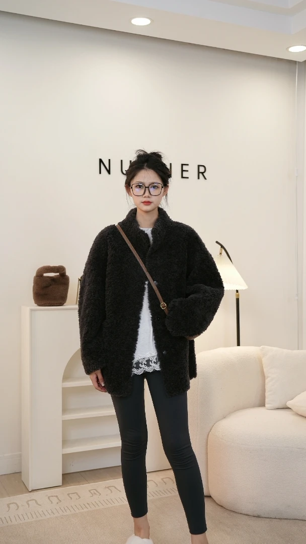 5#3308冬韩系立领100纯羊羔毛/羊剪绒毛面绒面一体式中长保暖外套