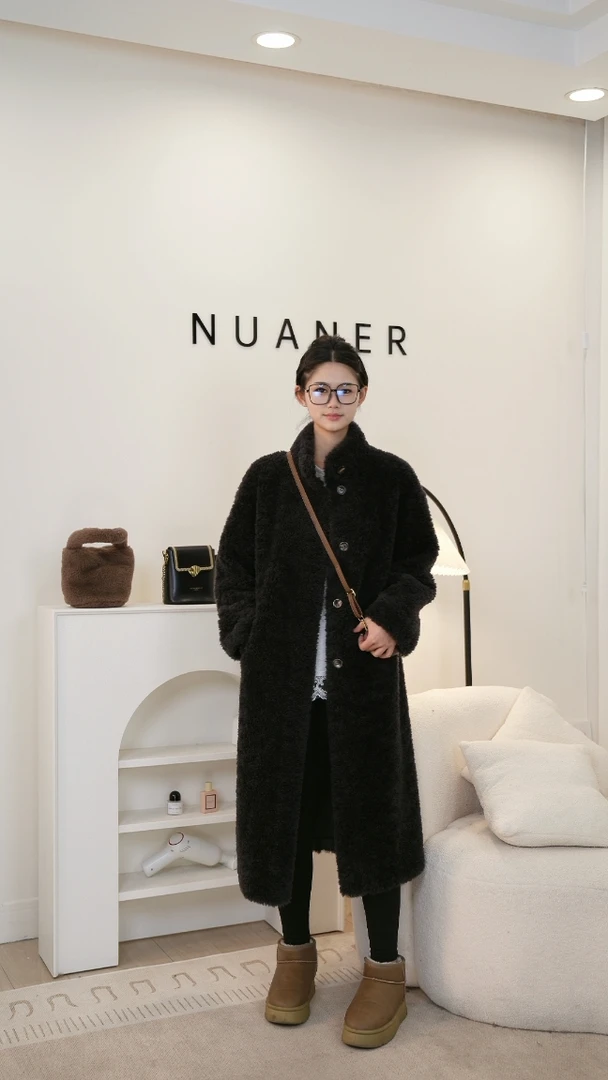 #3309TR秋冬韩系立领100纯羊羔毛/羊剪绒毛面绒面一体式长款外套