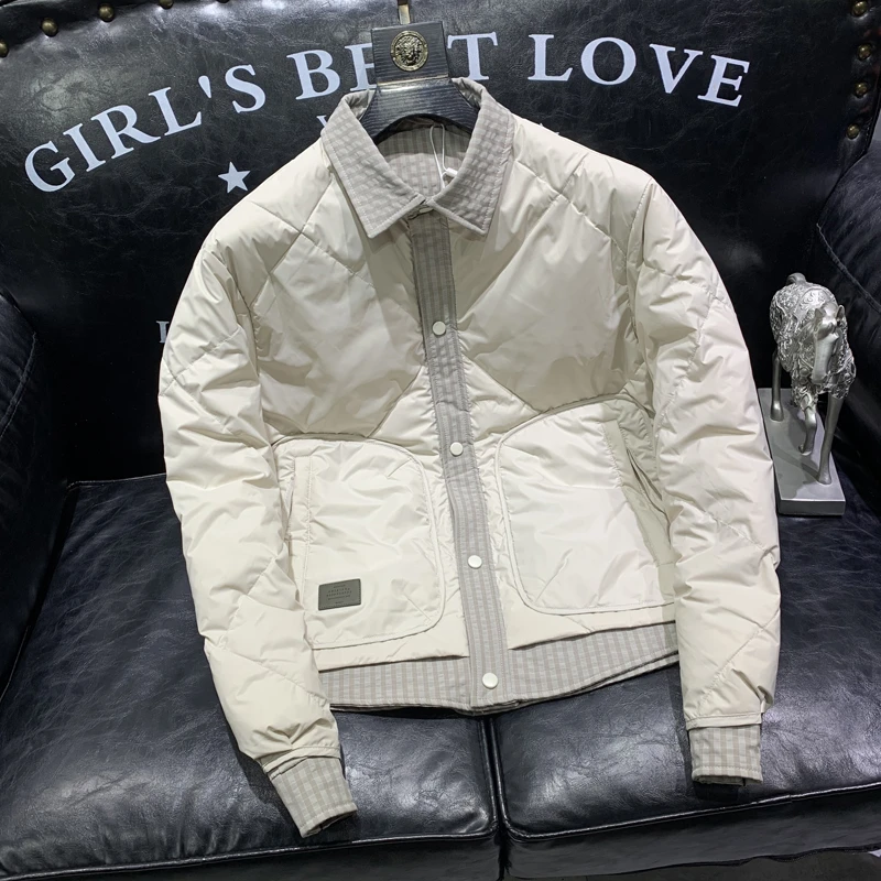 2024冬季新款拼接假两件羽绒服男时尚潮牌修身轻薄保暖翻领外套帅