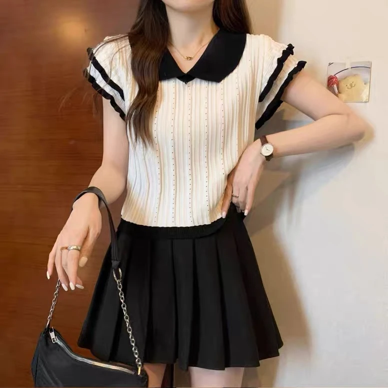 夏季新款娃娃领小飞袖针织短袖女T恤镂空翻领减龄设计感上衣薄款