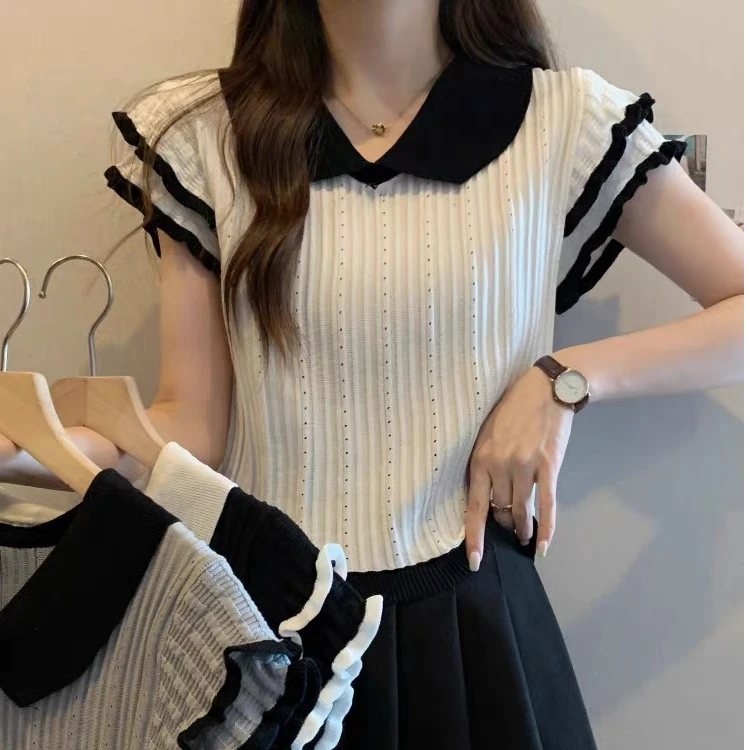 夏秋新款宽松短袖女娃娃领飞飞袖针织薄T恤镂空百搭减龄洋气翻领