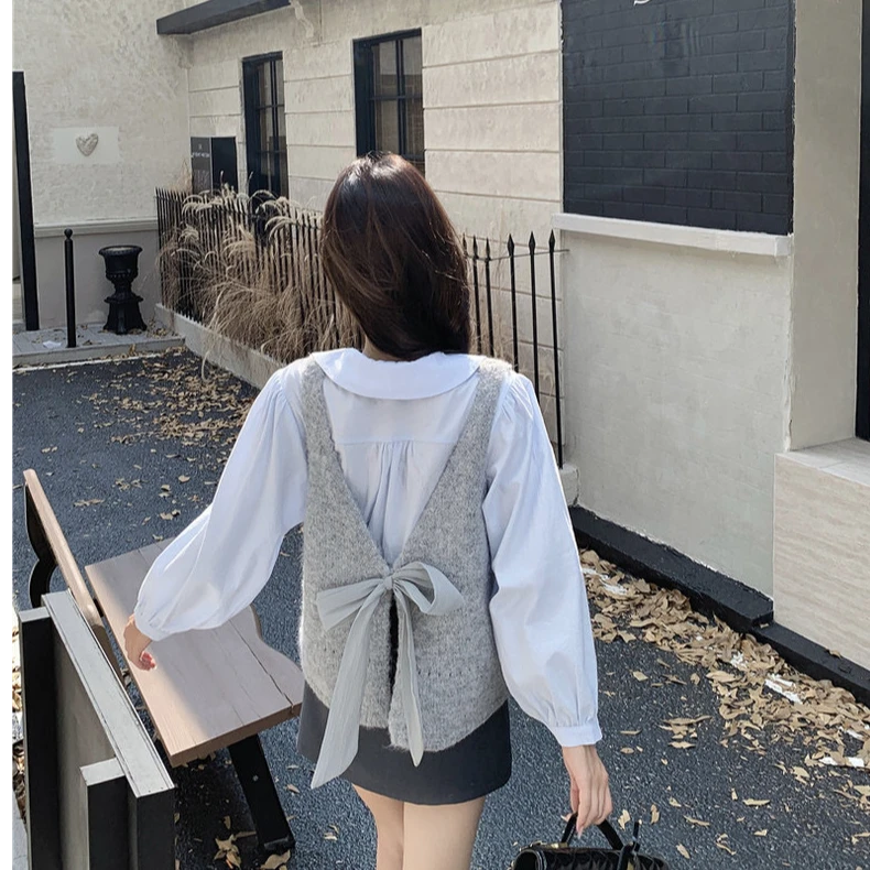 秋季新款女装两面穿系带蝴蝶结针织马甲外穿宽松开衫洋气吊带短款