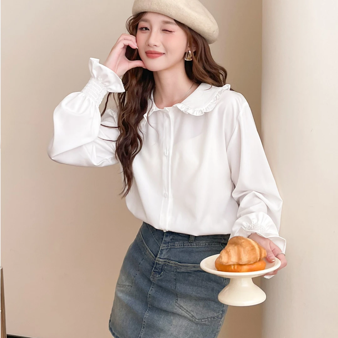 2025秋季新款女装娃娃领白衬衫女花边领洋气减龄荷叶袖百搭衬衣