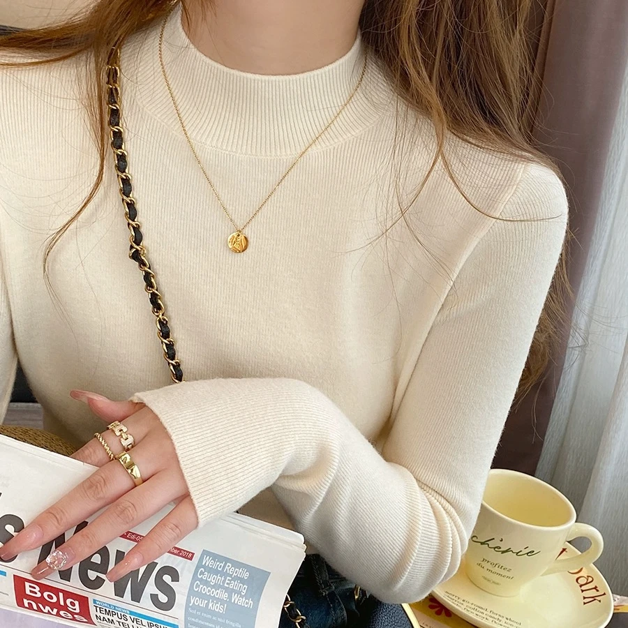 2024春装新款半高领加绒厚针织打底衫女内搭纯色保暖上衣显瘦秋冬