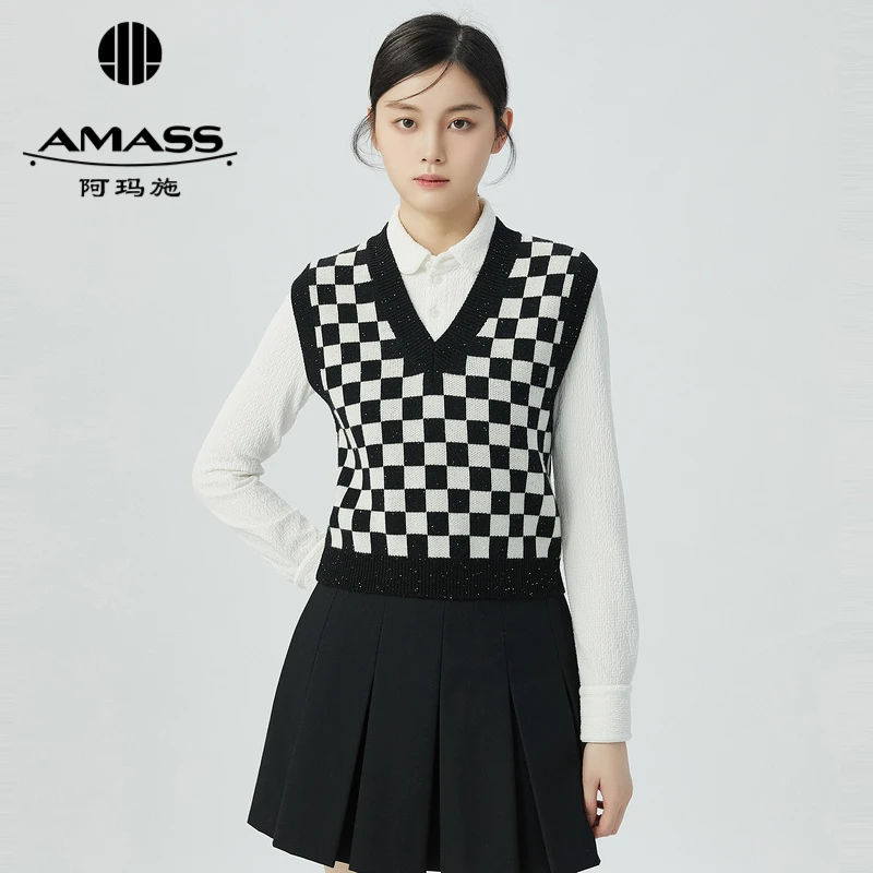 阿玛施AMASS新款女装纯羊毛经典V领棋盘格套头针织马甲5399624