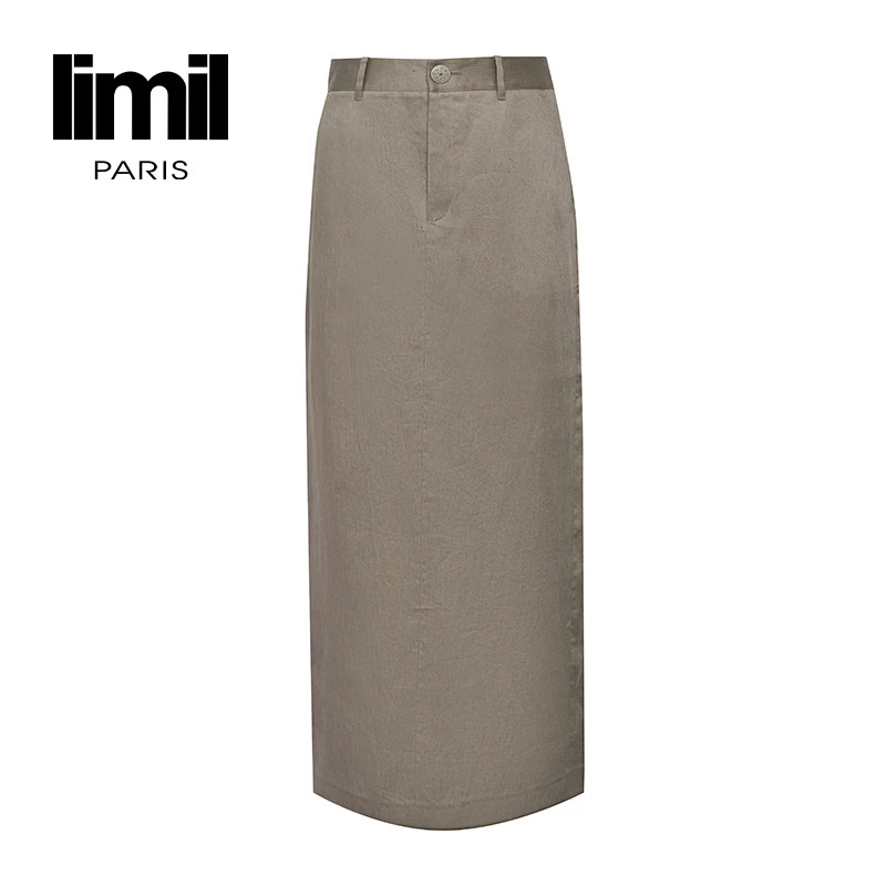 阿玛施丽米儿LIMIL新款时尚高级品质感亚麻后开叉直身半裙9200081