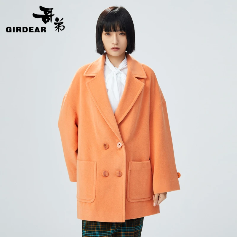 哥弟时髦V领中长款纯色翻领宽松兔毛毛呢外套1400445